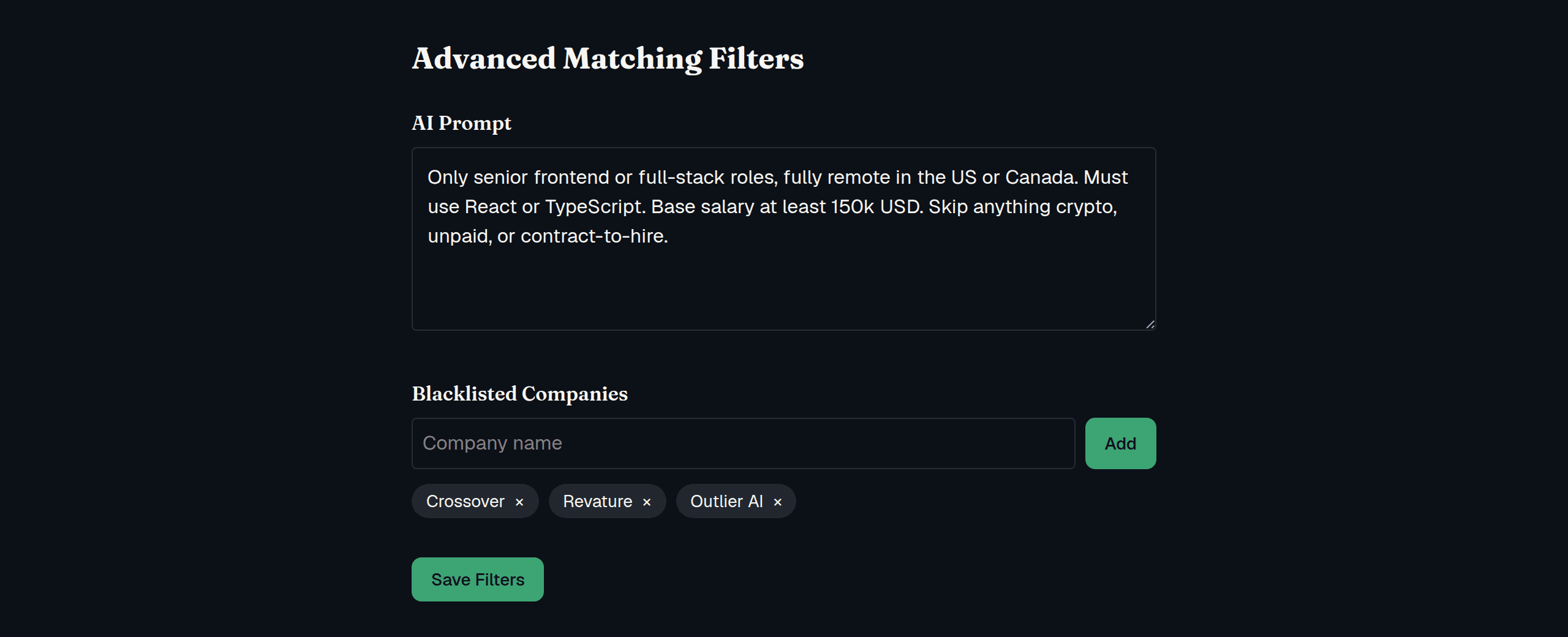 PounceJobs AI matching filters