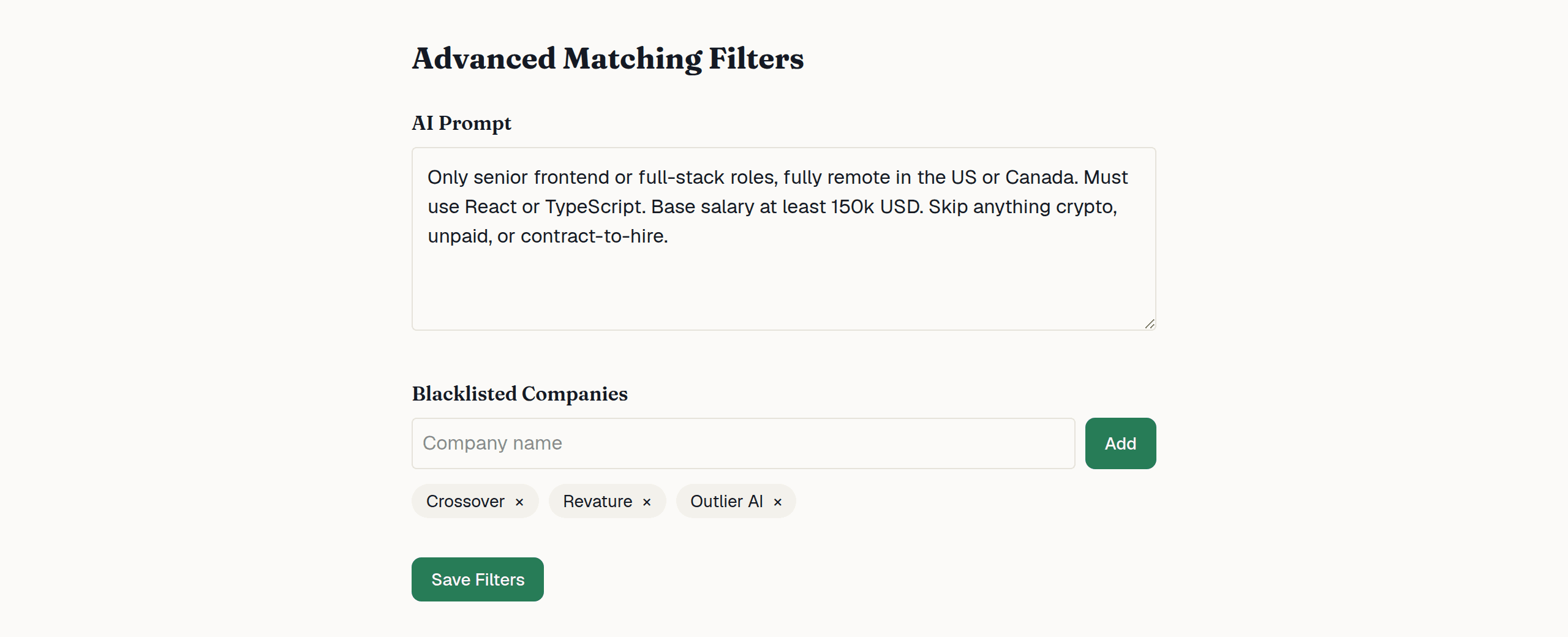 PounceJobs AI matching filters